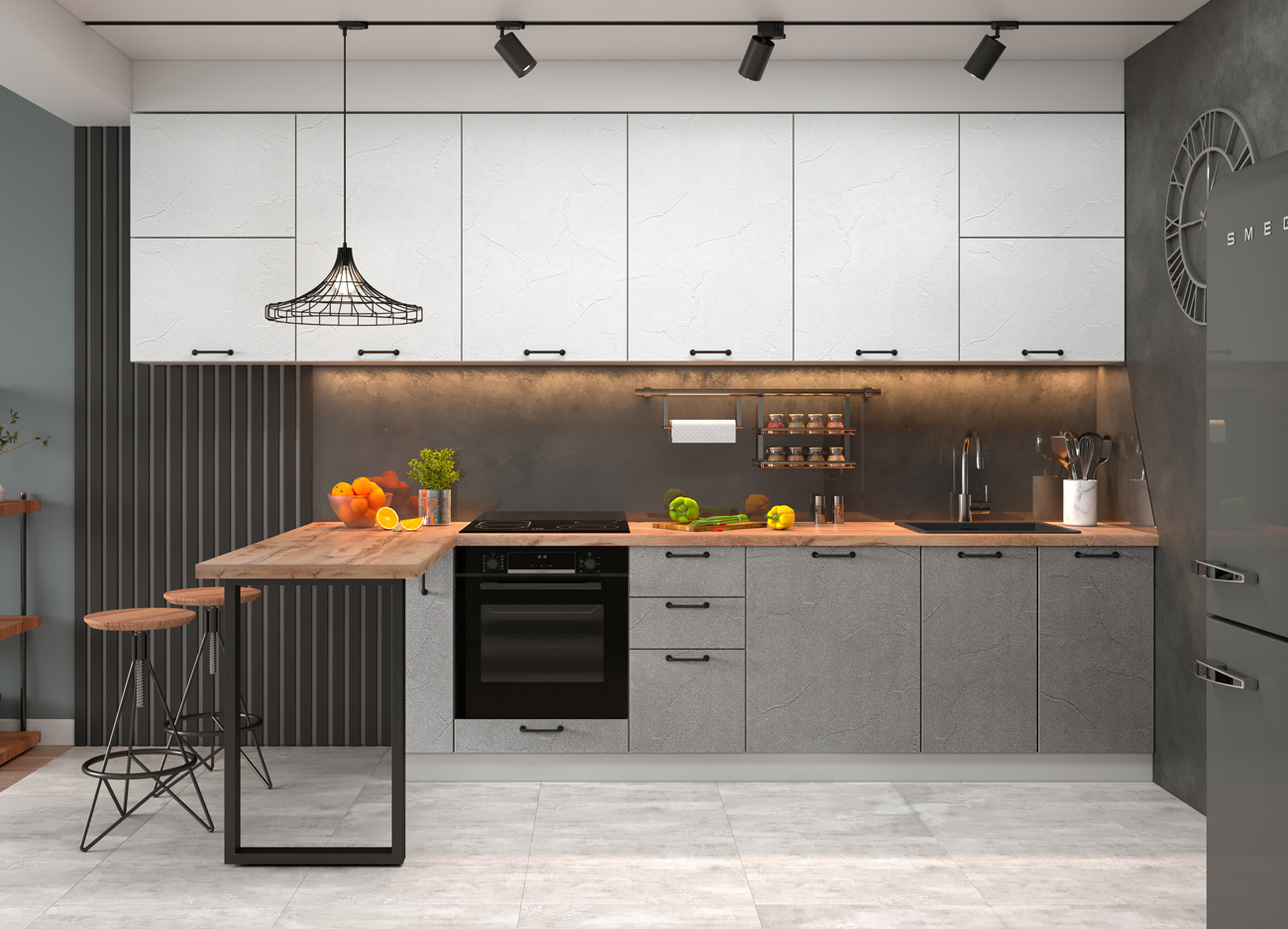 Модульная кухня Лофт Штукатурка белая / Штукатурка серая